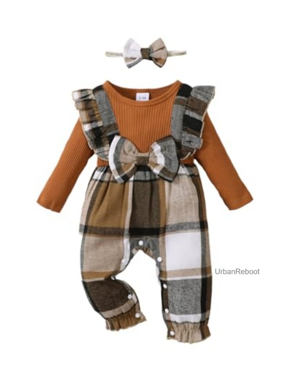 Newborn Infant Girls Plaid Long Sleeve Romper Jumpsuit with Headband Set